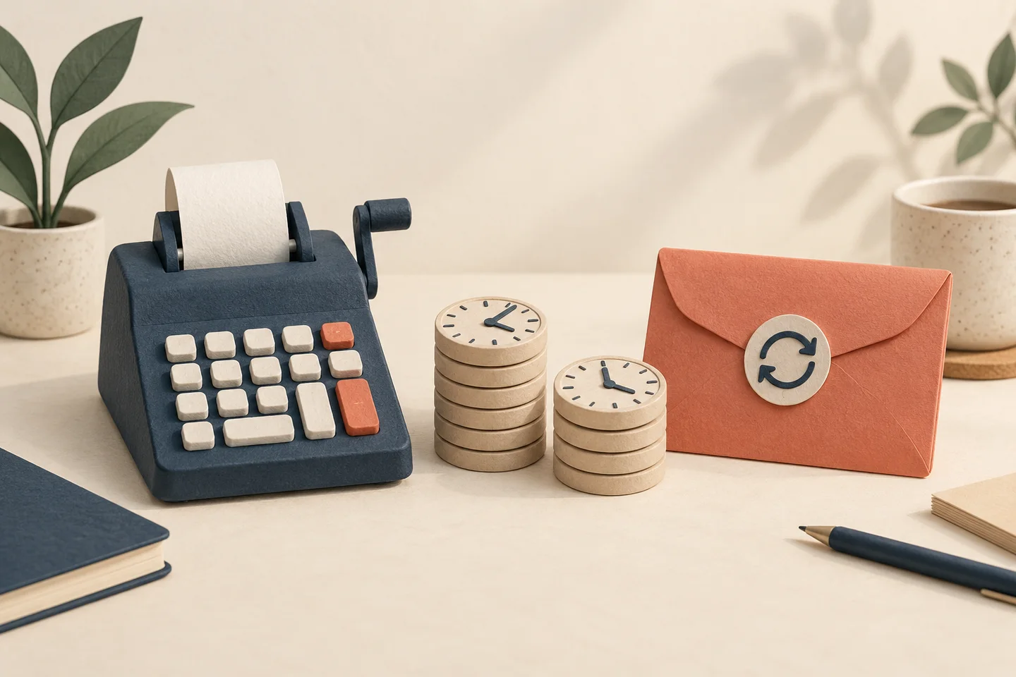 A calculator, two stacks of time tokens, and a recurring-cost envelope.