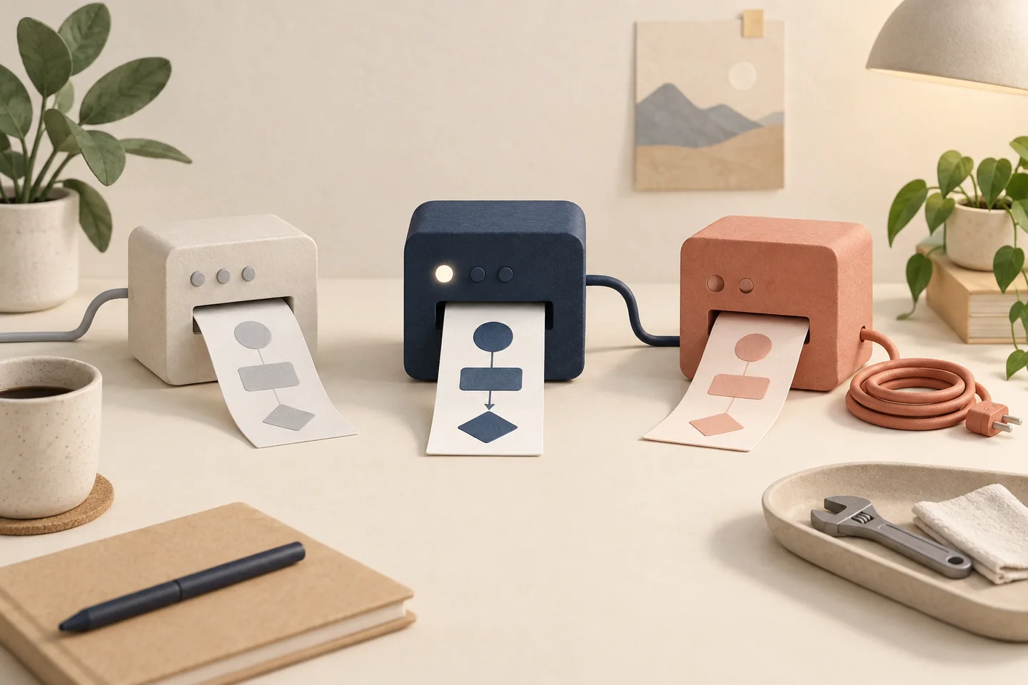 Three small workflow devices, one running and one with its disconnected cable neatly coiled.