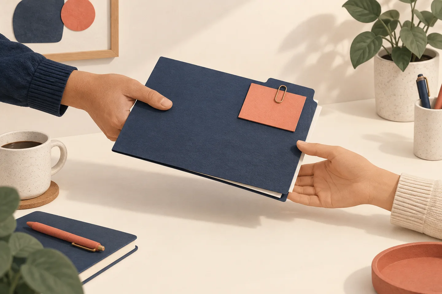 Two hands pass a folder with a next-action card attached.