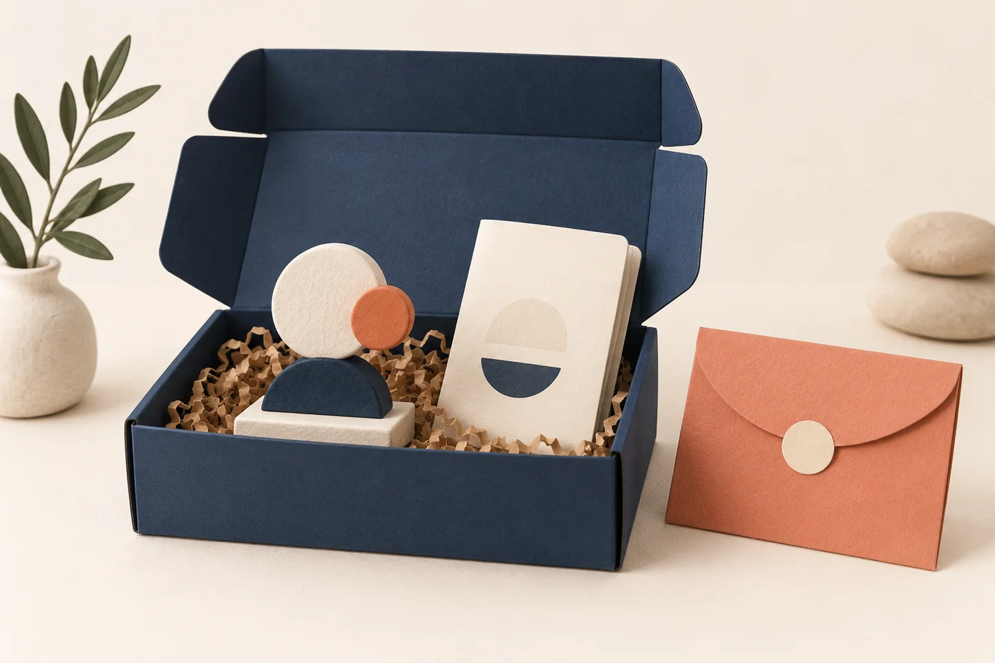 An open delivery box contains a finished item, instructions, and a support envelope.