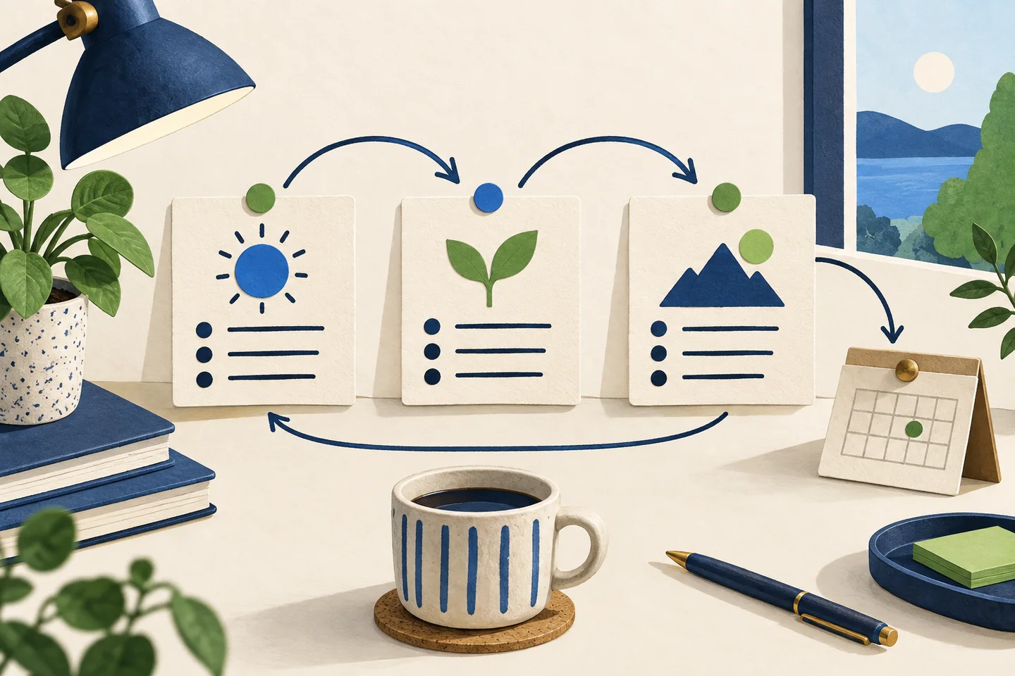 Three work cards connected in a cycle beside a review calendar.
