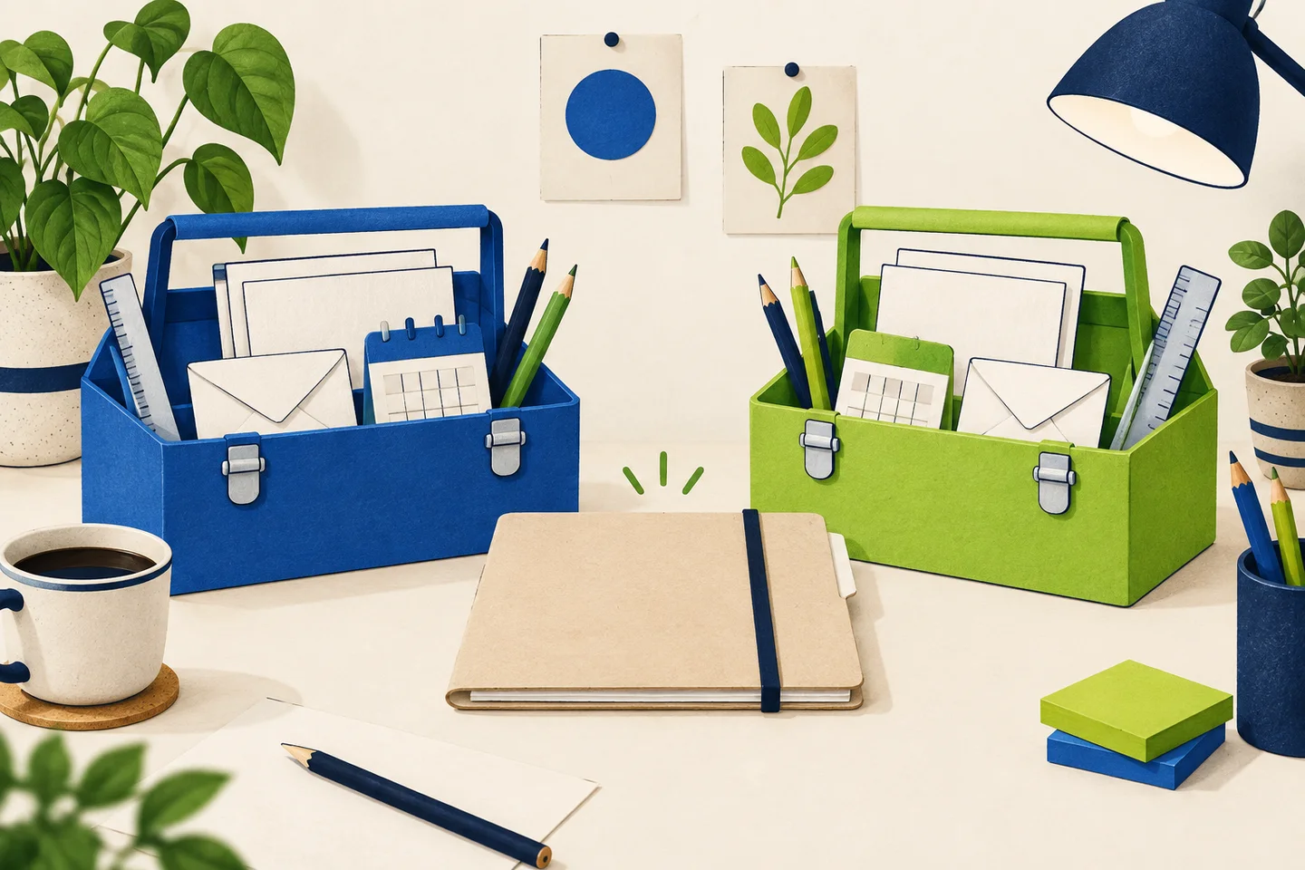 Two office toolkits beside one common project folder.